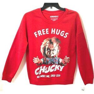 Chucky Halloween Sweatshirt Red Medium "FREE HUGS" No More Mr Good Guy Womens
